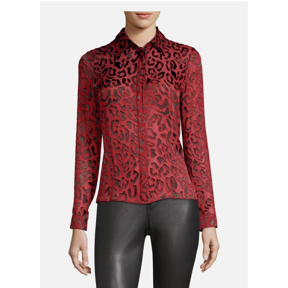 Alice + Olivia Willa leopard print burnout silk blouse sz XS Red Black Sheer